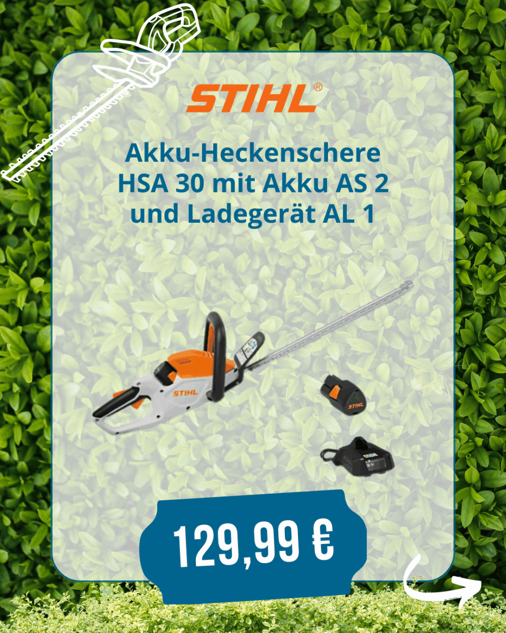 STIHL AKKU-HECKENSCHERE HSA 30 SET AS 2 + AL 1